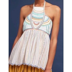 Anthropologie Floreat Itzel Embroidered‎ Halter Top, Rainbow Cream - Size 8